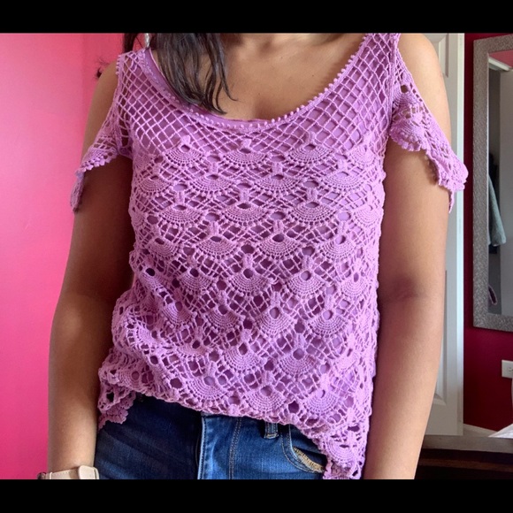 Purple Juniors Lace Crochet Cold Shoulder Top - Picture 5 of 5